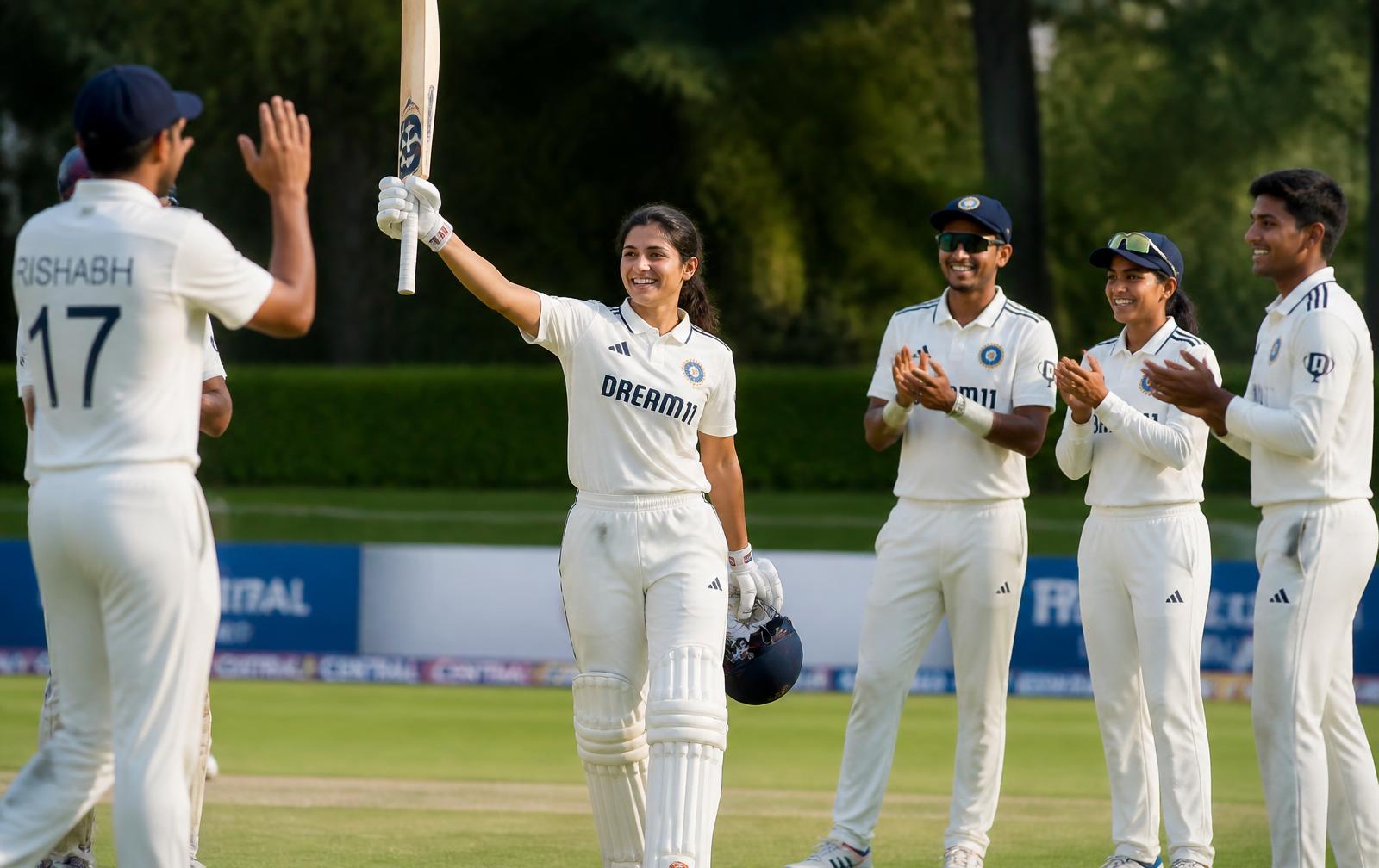 Indian woman athlete celebrating with her hostel team under floodlights